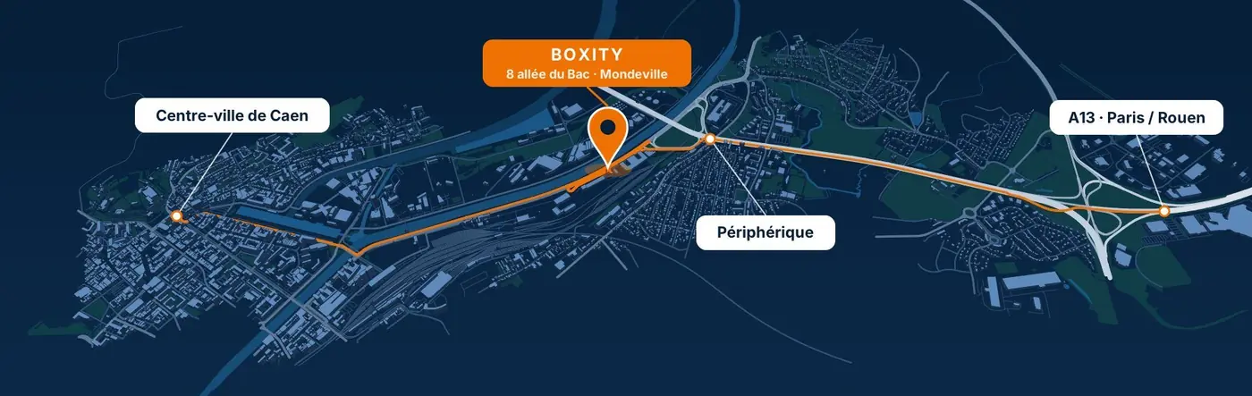 Plan 3D de Caen et Mondeville : Boxity, 8 allée du Bac, entre le centre-ville de Caen, le périphérique et l'A13